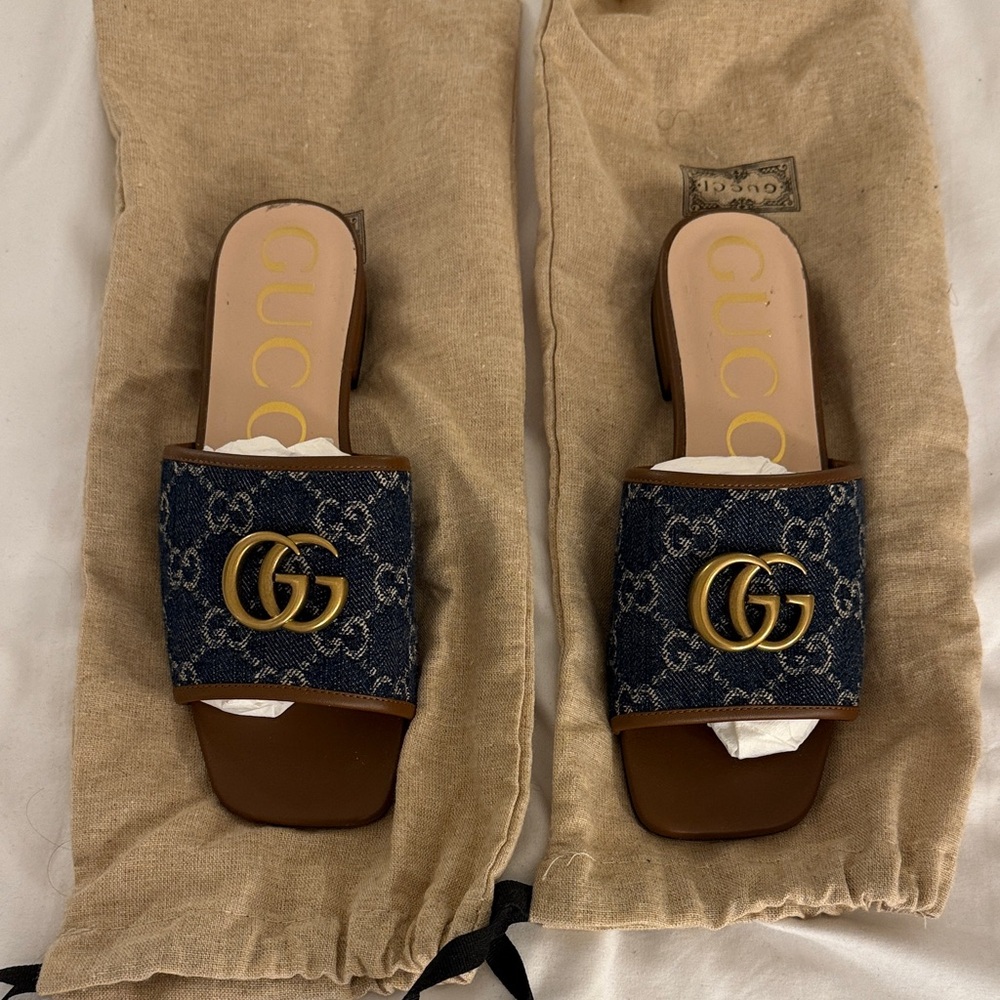 Gucci Jolie Sandals: Denim and Brown GG Slide Sandals